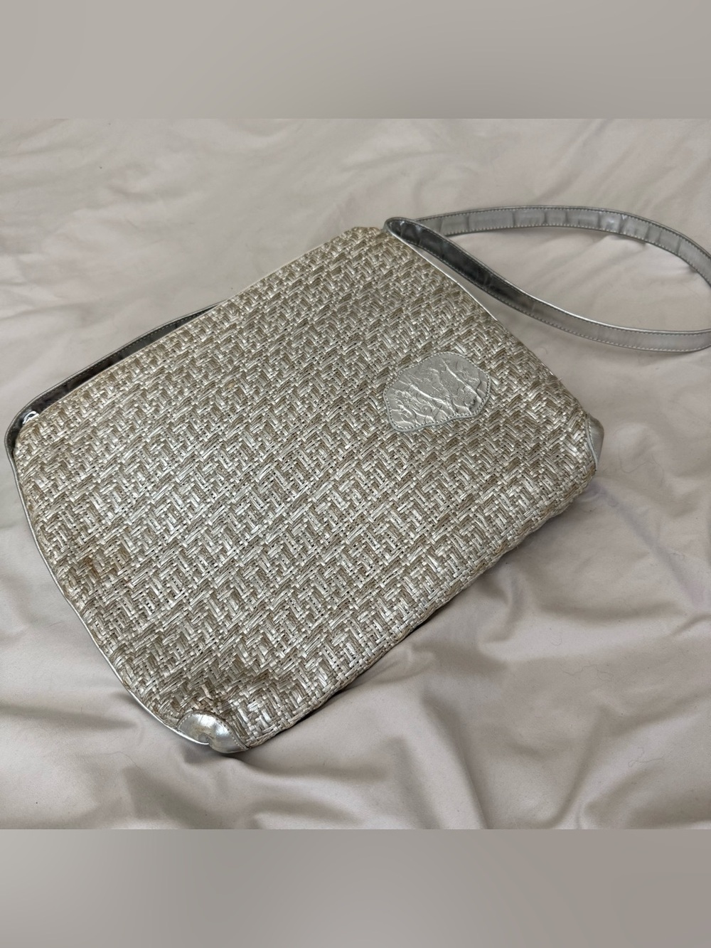 Carlos Falchi Vintage Y2K Metallic Silver Woven Leather Shoulder Bag